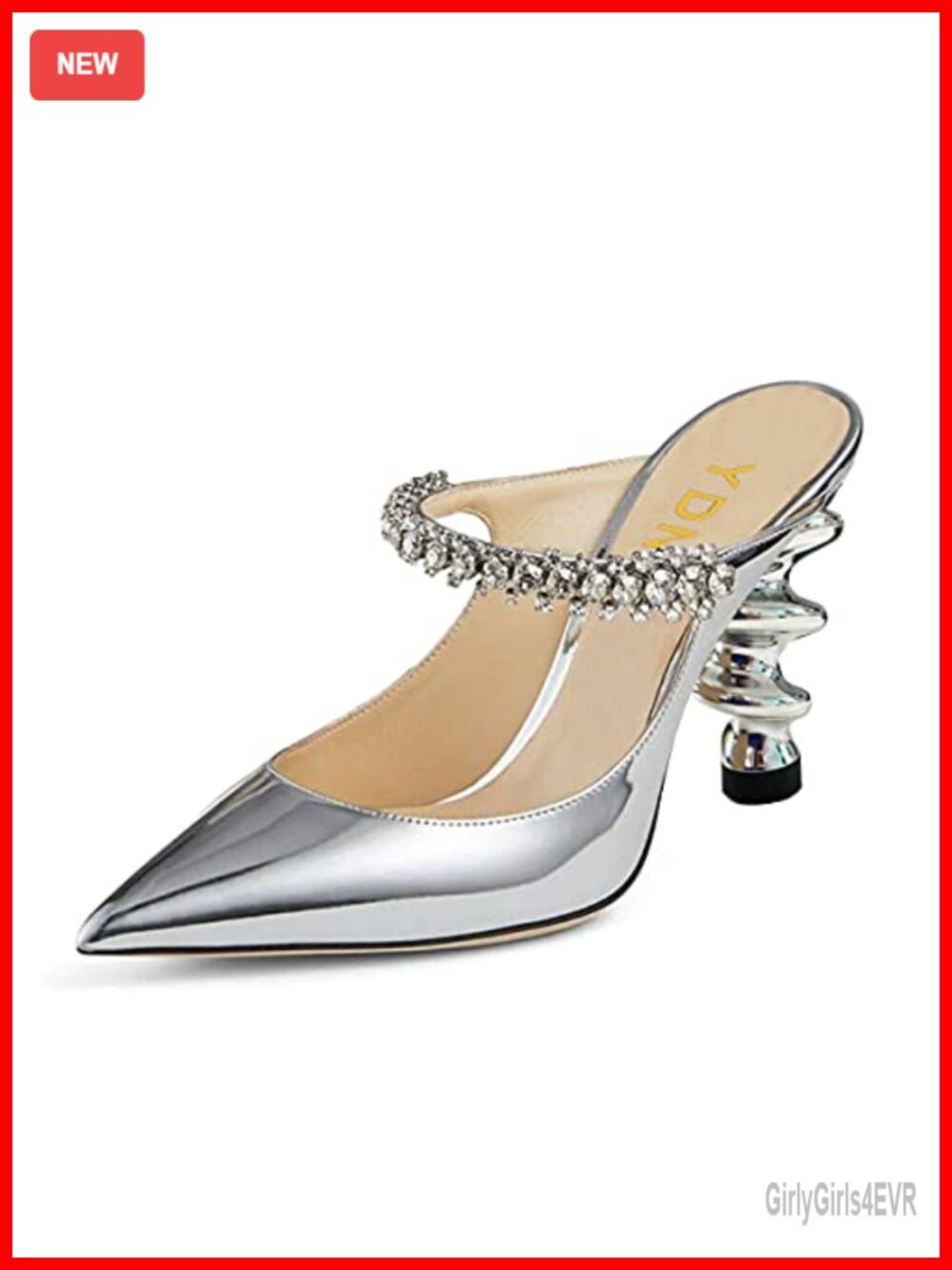 YDN Metallic Spiral Heel Slip On Sandals Rhinestone Strap Pointed Toe Mules